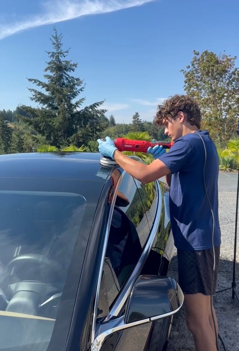 Person in a navy shirt cleaning a car window with a red tool on a sunny day with trees in the background