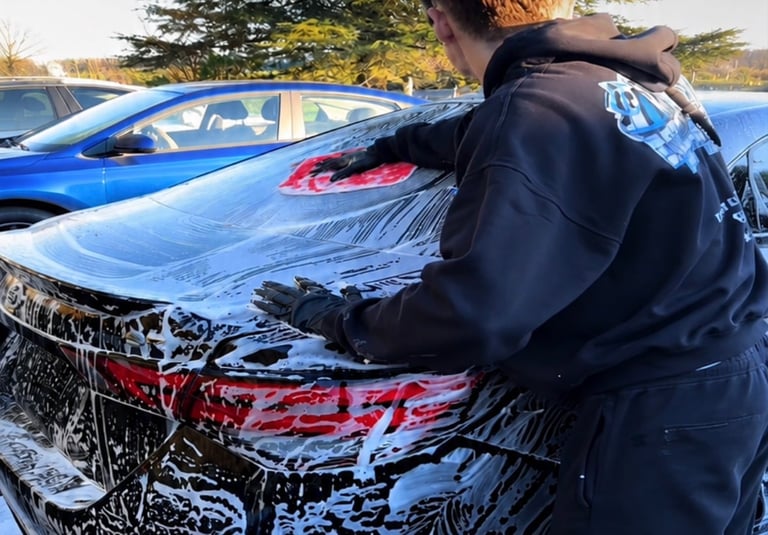 Person in black hoodie washing a blue car with soapy water in a parking lot