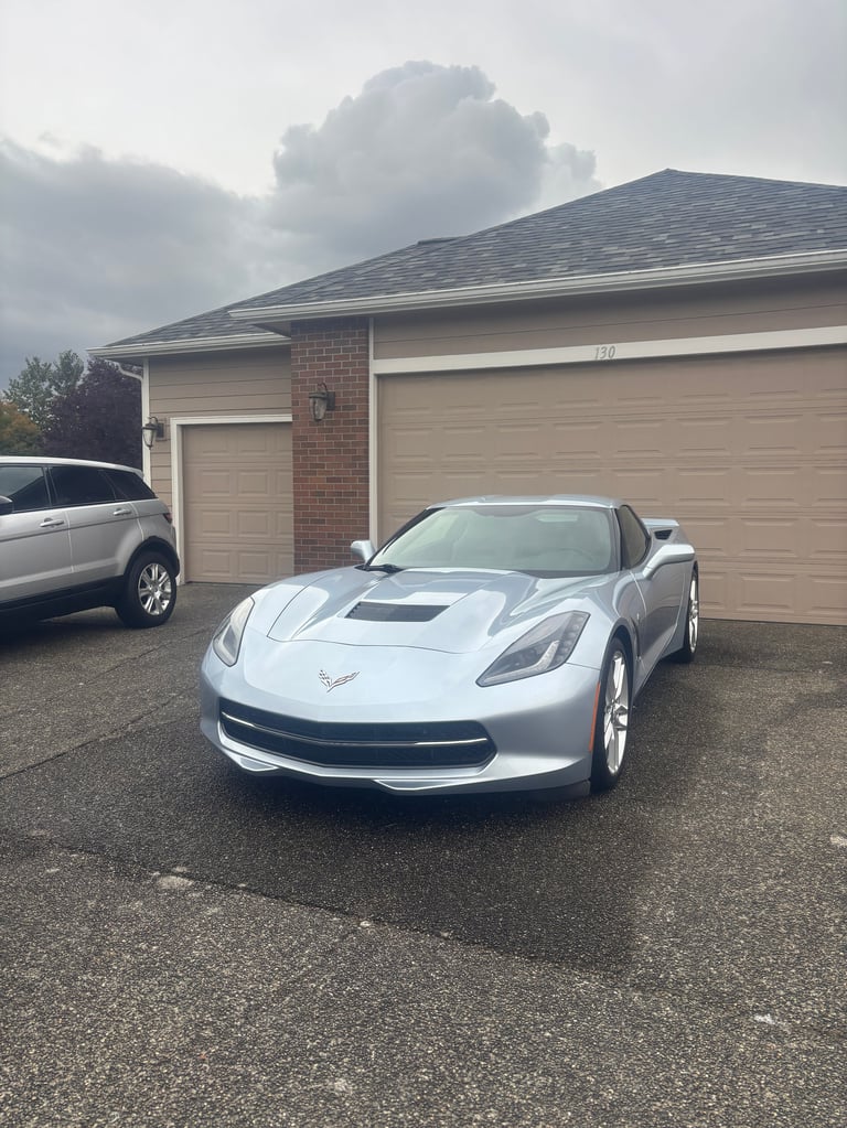 Silver Corvette sports car freshly detailed with paint correction, parked in a driveway in front of a brick garage with tan doors
